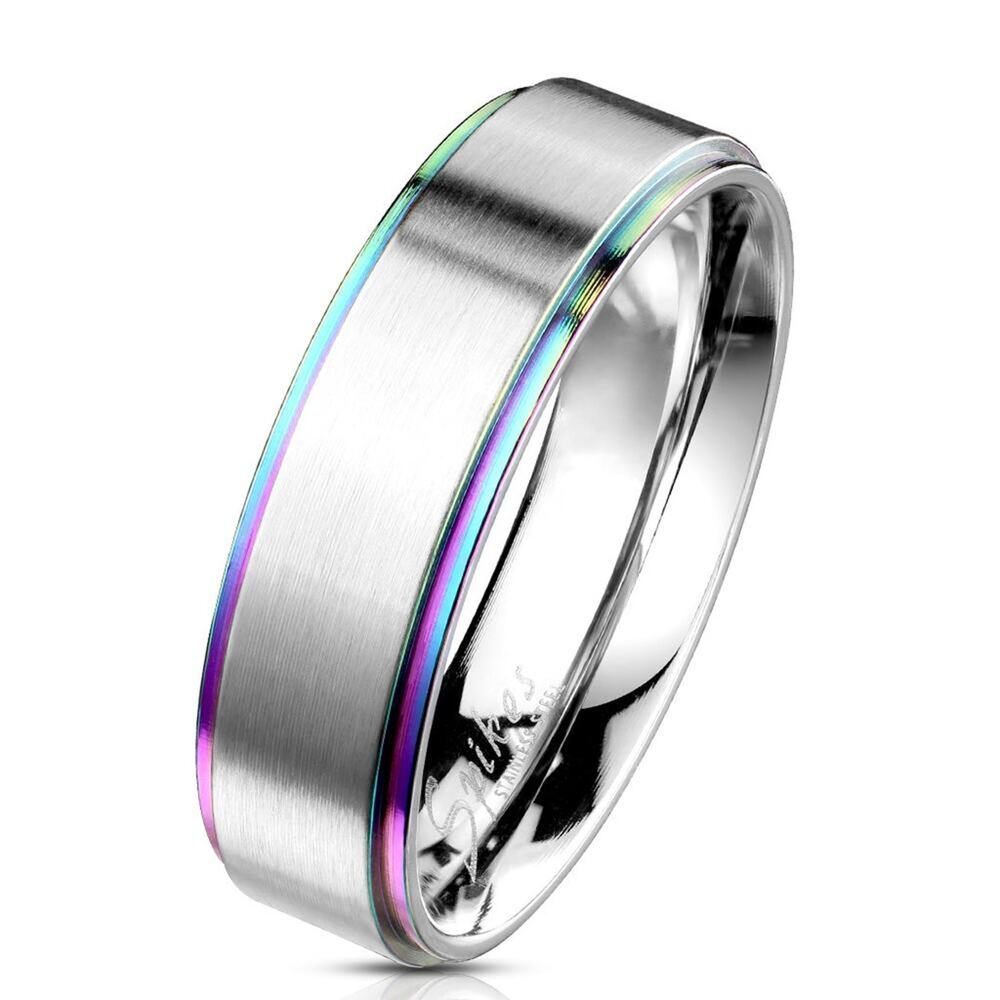 Rainbow Stepped Edges 316L Stainless Steel Classic Band Ring 6mm width size 13